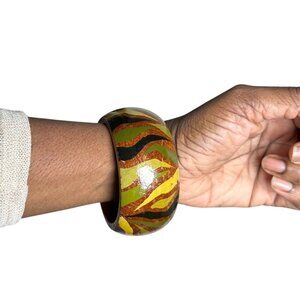 Vintage Hand-Painted Wooden Bangle Bracelet | Bold Boho Statement Cuff | Mid Cen